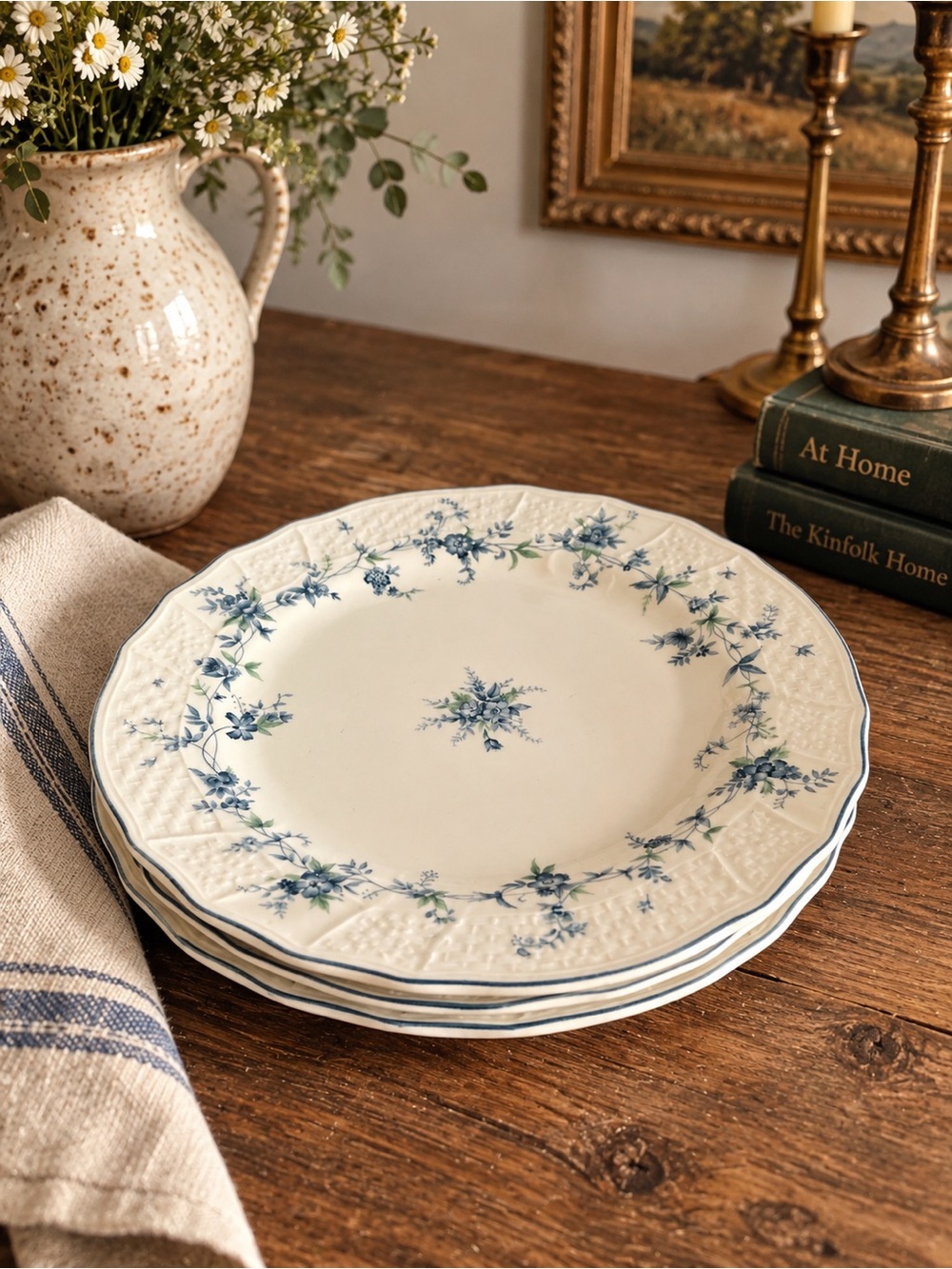 Mikasa White Ceramic Salad Plates with Blue Floral Border (3)